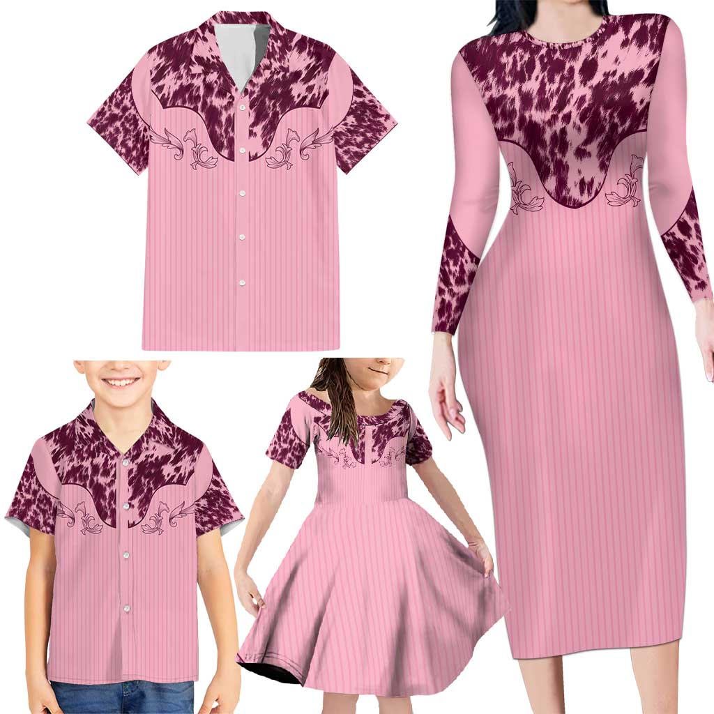Cowboys Wild West Family Matching Long Sleeve Bodycon Dress and Hawaiian Shirt Pink Cow Prints - Wonder Print Shop