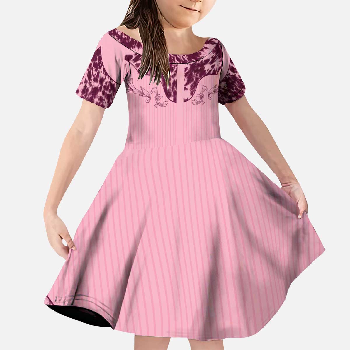 Cowboys Wild West Family Matching Off The Shoulder Long Sleeve Dress and Hawaiian Shirt Pink Cow Prints - Wonder Print Shop