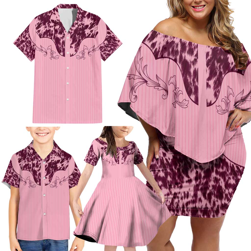 Cowboys Wild West Family Matching Off Shoulder Short Dress and Hawaiian Shirt Pink Cow Prints - Wonder Print Shop