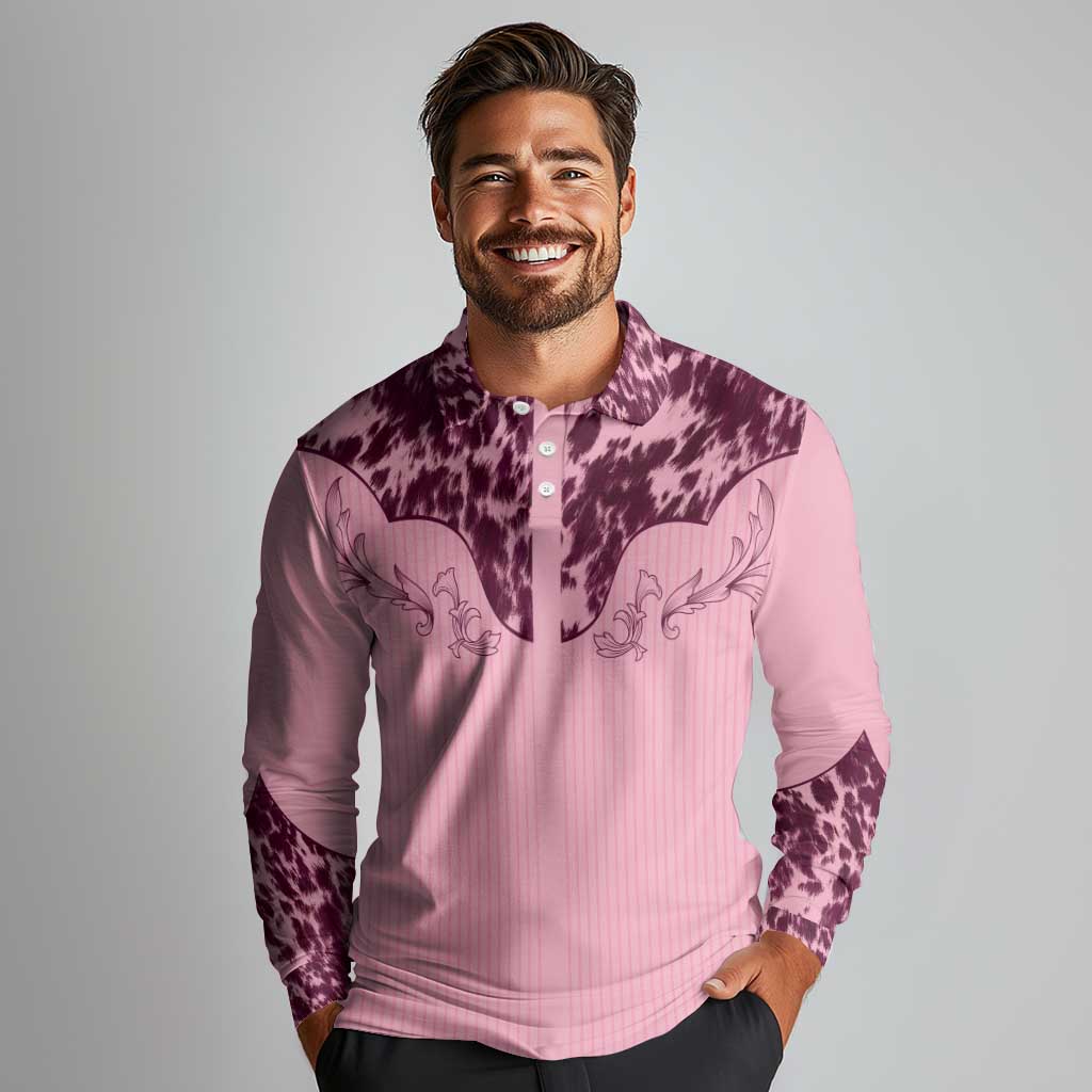 Cowboys Wild West Long Sleeve Polo Shirt Pink Cow Prints - Wonder Print Shop