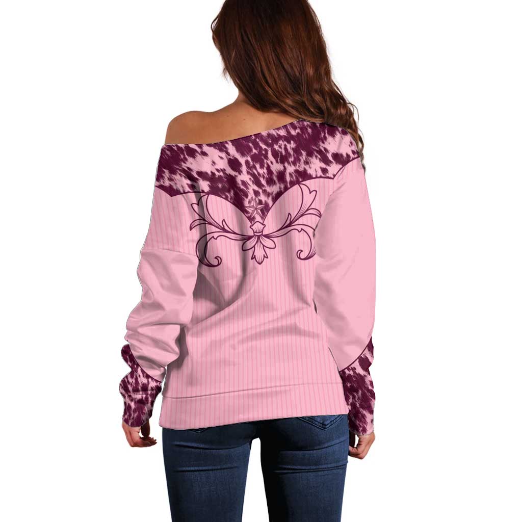 Cowboys Wild West Off Shoulder Sweater Pink Cow Prints - Wonder Print Shop