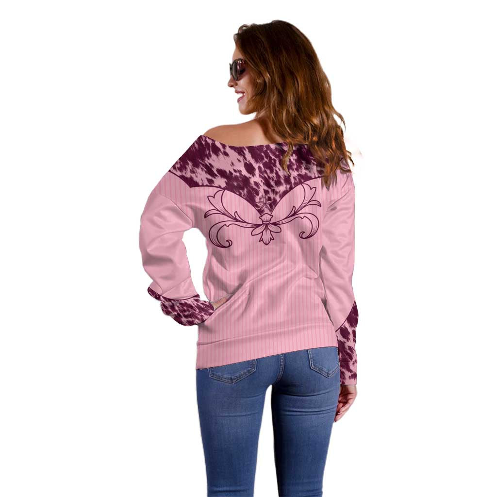 Cowboys Wild West Off Shoulder Sweater Pink Cow Prints - Wonder Print Shop