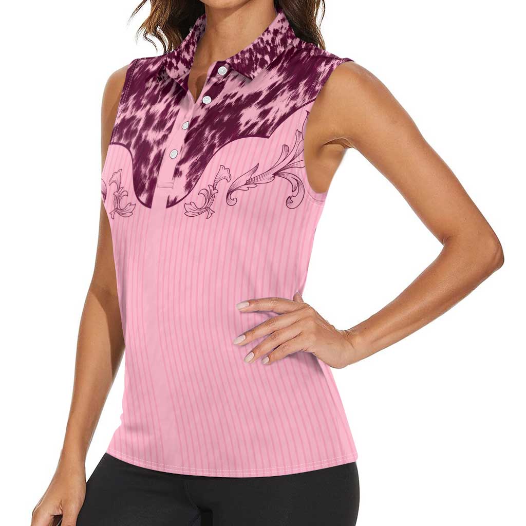 Cowboys Wild West Women Sleeveless Polo Shirt Pink Cow Prints - Wonder Print Shop
