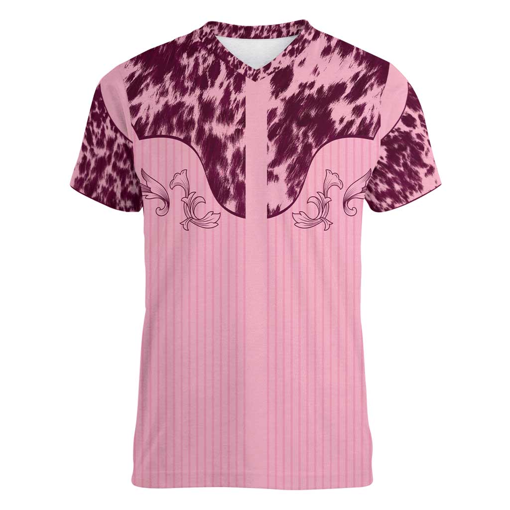 Cowboys Wild West Women V-Neck T-Shirt Pink Cow Prints - Wonder Print Shop