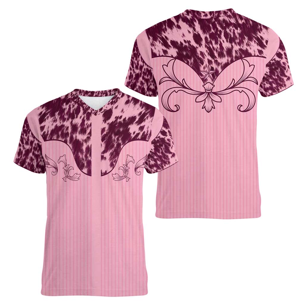 Cowboys Wild West Women V-Neck T-Shirt Pink Cow Prints - Wonder Print Shop