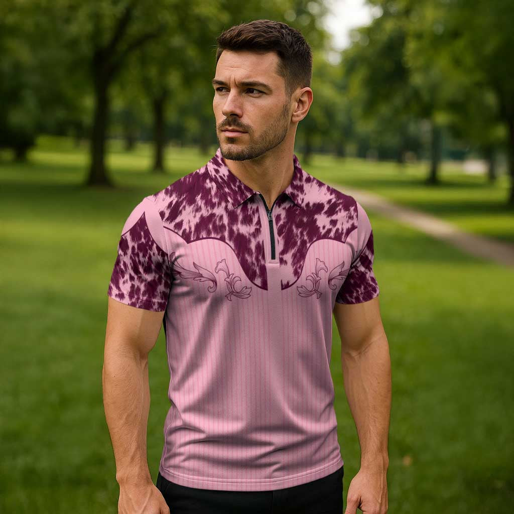 Cowboys Wild West Zipper Polo Shirt Pink Cow Prints - Wonder Print Shop