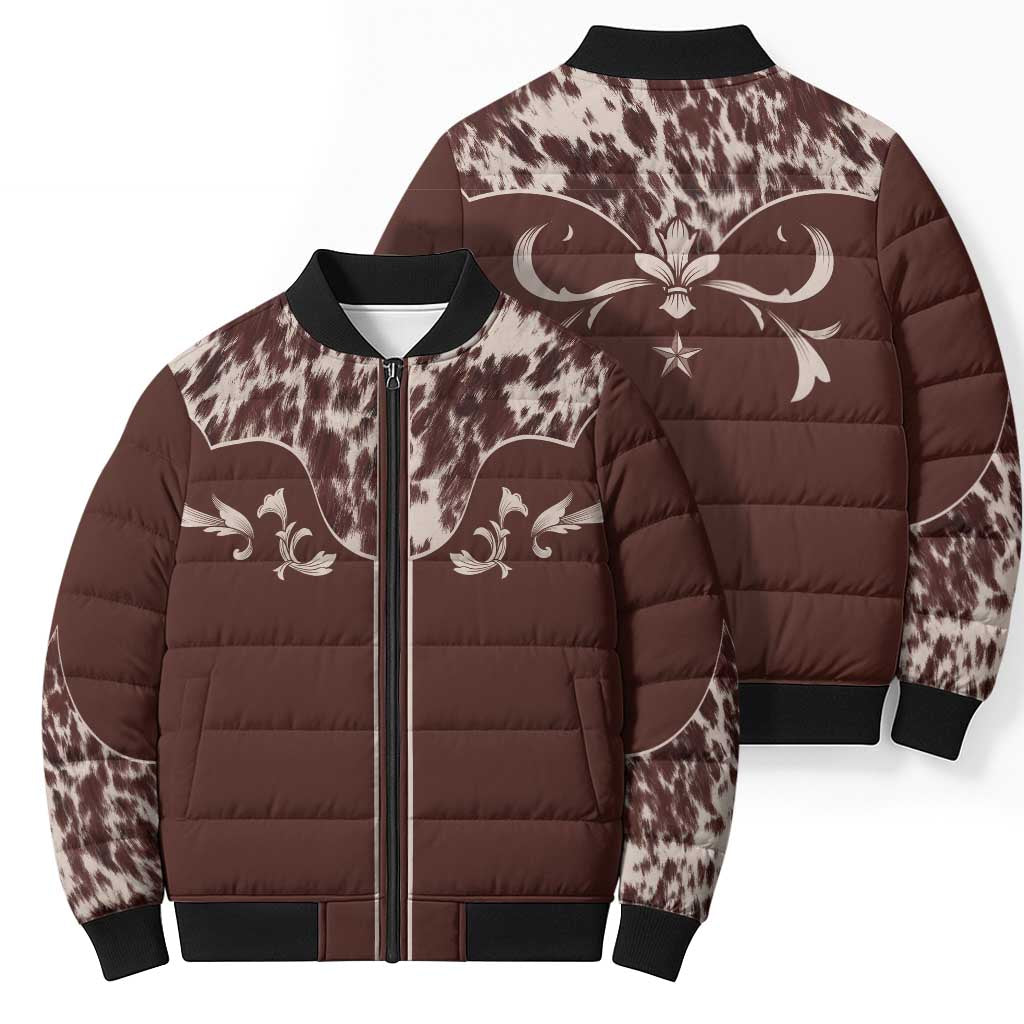 Cowboys Wild West Bomber Puffer Jacket Dark Brown Cow Prints - Wonder Print Shop