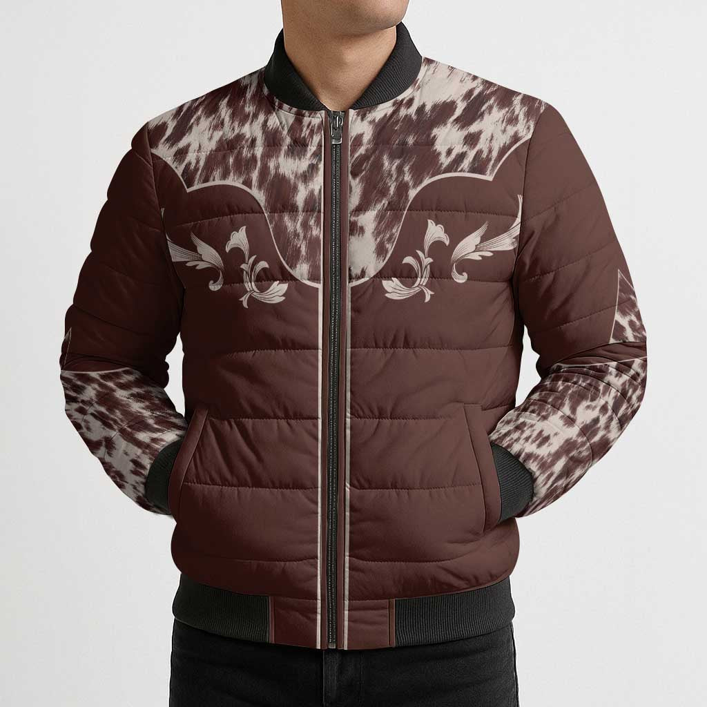 Cowboys Wild West Bomber Puffer Jacket Dark Brown Cow Prints - Wonder Print Shop
