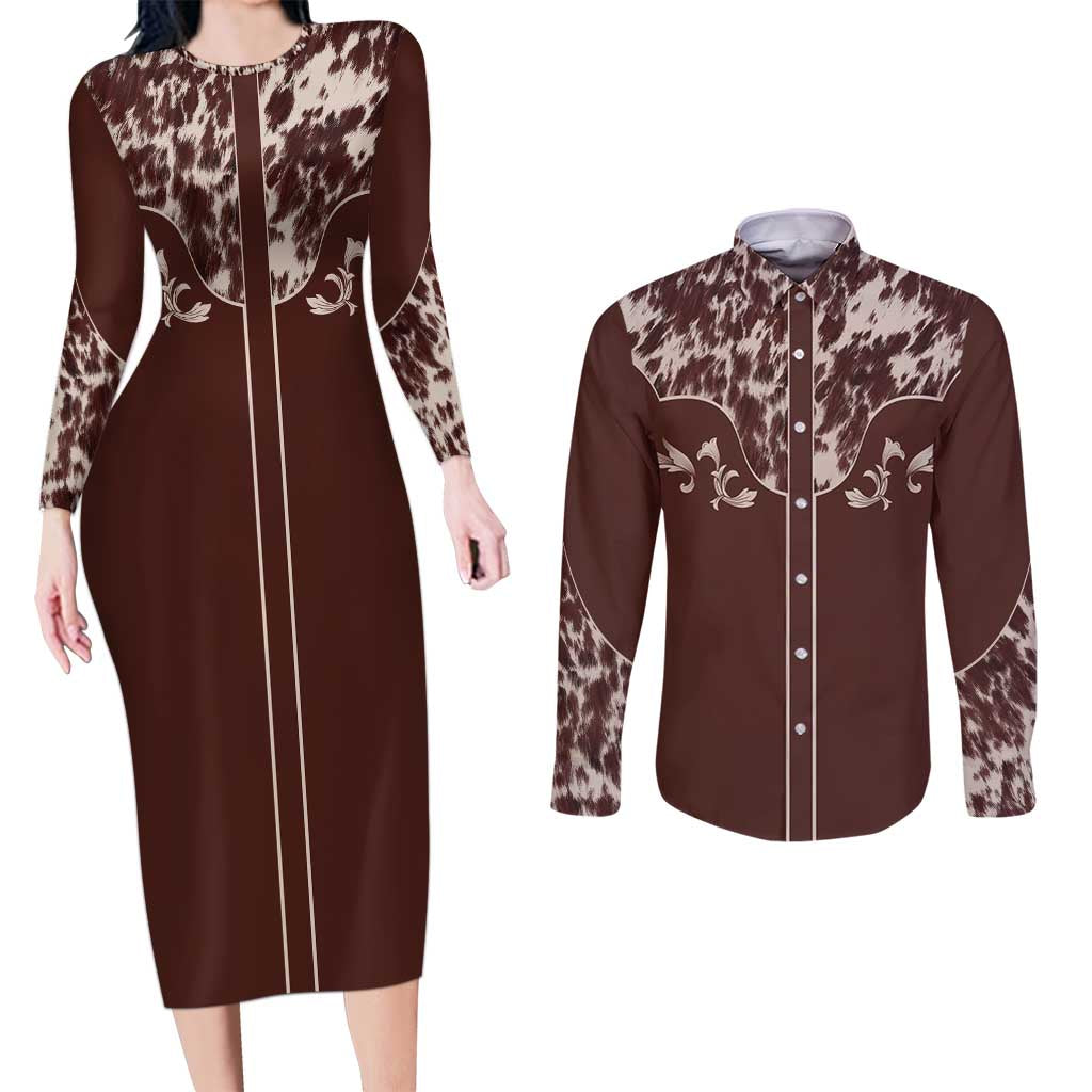 Cowboys Wild West Couples Matching Long Sleeve Bodycon Dress and Long Sleeve Button Shirt Dark Brown Cow Prints - Wonder Print Shop