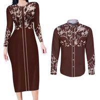 Cowboys Wild West Couples Matching Long Sleeve Bodycon Dress and Long Sleeve Button Shirt Dark Brown Cow Prints - Wonder Print Shop
