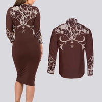 Cowboys Wild West Couples Matching Long Sleeve Bodycon Dress and Long Sleeve Button Shirt Dark Brown Cow Prints - Wonder Print Shop