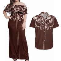 Cowboys Wild West Couples Matching Off Shoulder Maxi Dress and Hawaiian Shirt Dark Brown Cow Prints - Wonder Print Shop