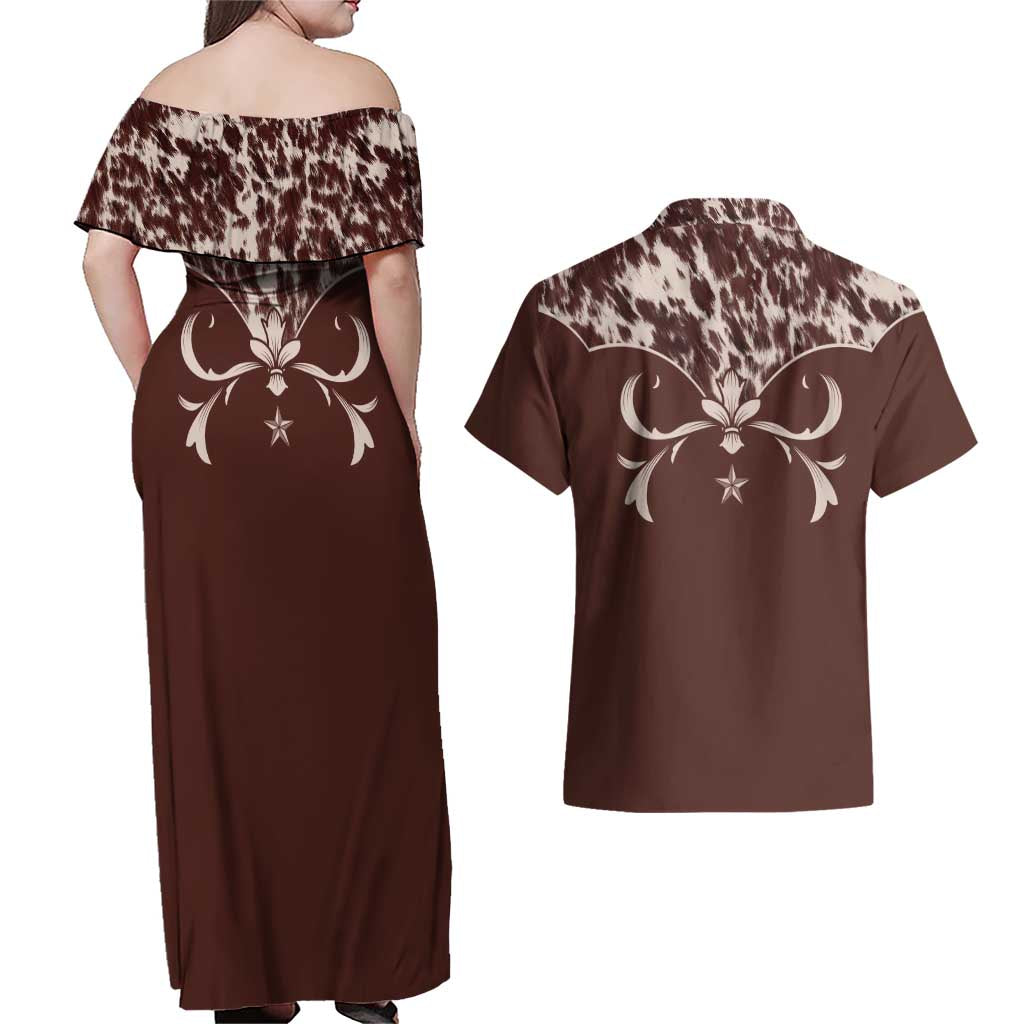 Cowboys Wild West Couples Matching Off Shoulder Maxi Dress and Hawaiian Shirt Dark Brown Cow Prints - Wonder Print Shop
