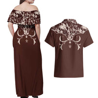 Cowboys Wild West Couples Matching Off Shoulder Maxi Dress and Hawaiian Shirt Dark Brown Cow Prints - Wonder Print Shop
