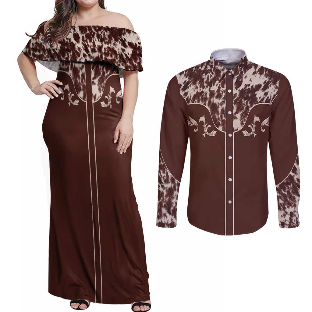 Cowboys Wild West Couples Matching Off Shoulder Maxi Dress and Long Sleeve Button Shirt Dark Brown Cow Prints - Wonder Print Shop