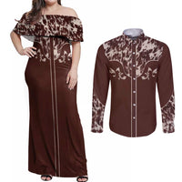 Cowboys Wild West Couples Matching Off Shoulder Maxi Dress and Long Sleeve Button Shirt Dark Brown Cow Prints - Wonder Print Shop