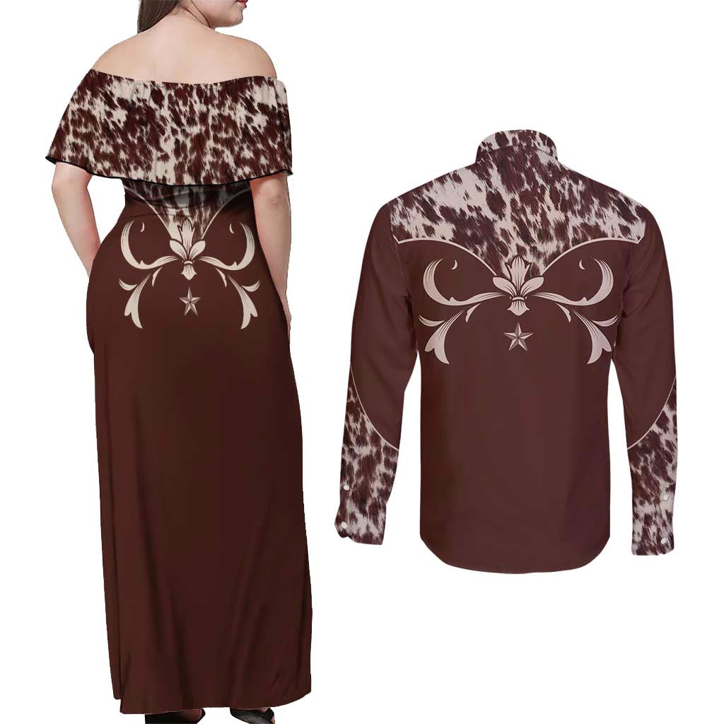 Cowboys Wild West Couples Matching Off Shoulder Maxi Dress and Long Sleeve Button Shirt Dark Brown Cow Prints - Wonder Print Shop