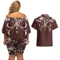 Cowboys Wild West Couples Matching Off Shoulder Short Dress and Hawaiian Shirt Dark Brown Cow Prints - Wonder Print Shop