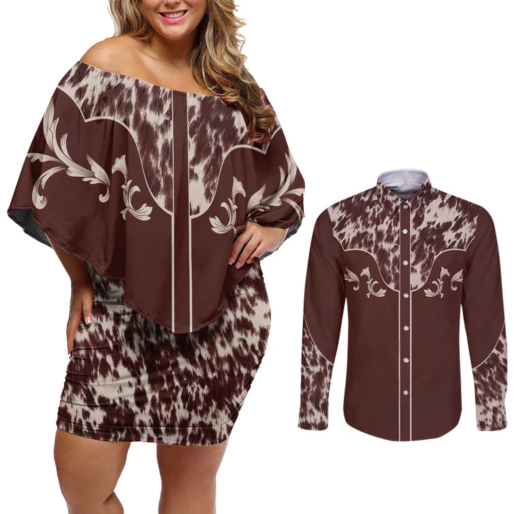 Cowboys Wild West Couples Matching Off Shoulder Short Dress and Long Sleeve Button Shirt Dark Brown Cow Prints - Wonder Print Shop