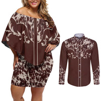 Cowboys Wild West Couples Matching Off Shoulder Short Dress and Long Sleeve Button Shirt Dark Brown Cow Prints - Wonder Print Shop