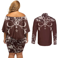Cowboys Wild West Couples Matching Off Shoulder Short Dress and Long Sleeve Button Shirt Dark Brown Cow Prints - Wonder Print Shop