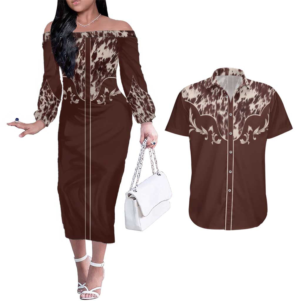 Cowboys Wild West Couples Matching Off The Shoulder Long Sleeve Dress and Hawaiian Shirt Dark Brown Cow Prints - Wonder Print Shop
