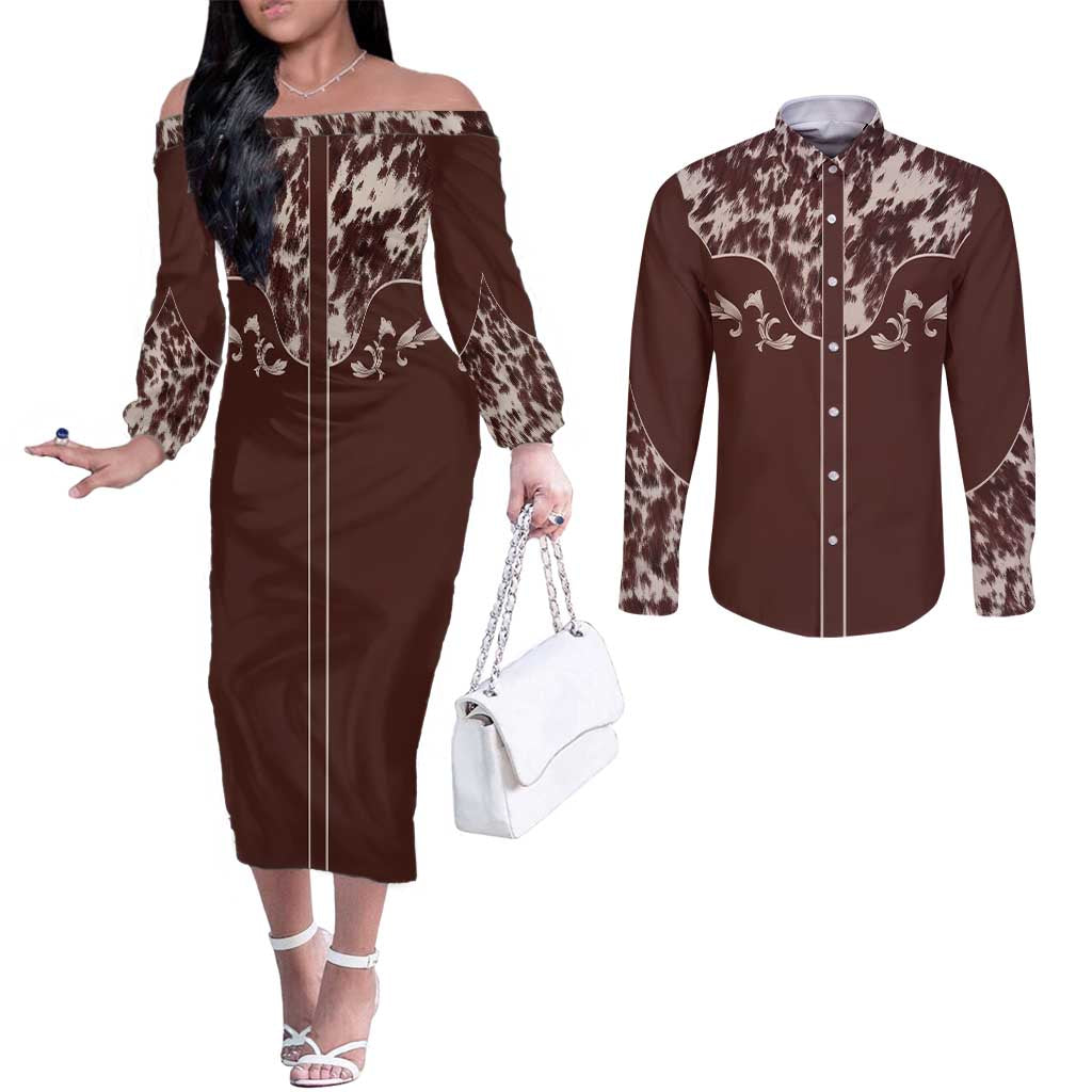 Cowboys Wild West Couples Matching Off The Shoulder Long Sleeve Dress and Long Sleeve Button Shirt Dark Brown Cow Prints - Wonder Print Shop