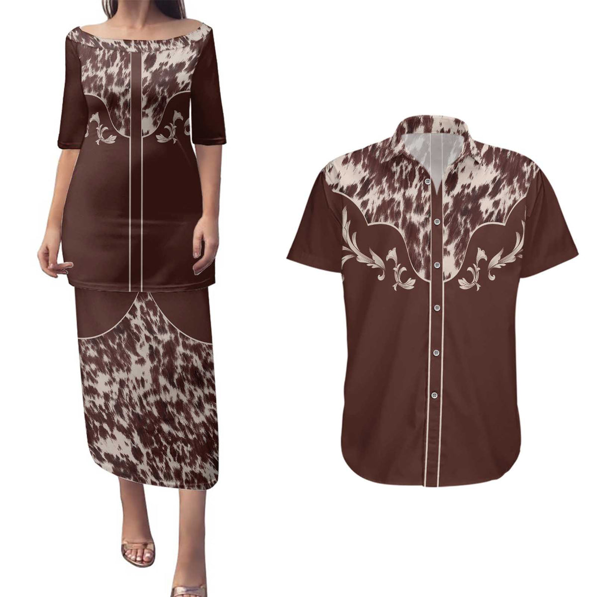 Cowboys Wild West Couples Matching Puletasi and Hawaiian Shirt Dark Brown Cow Prints - Wonder Print Shop