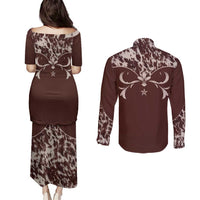 Cowboys Wild West Couples Matching Puletasi and Long Sleeve Button Shirt Dark Brown Cow Prints - Wonder Print Shop