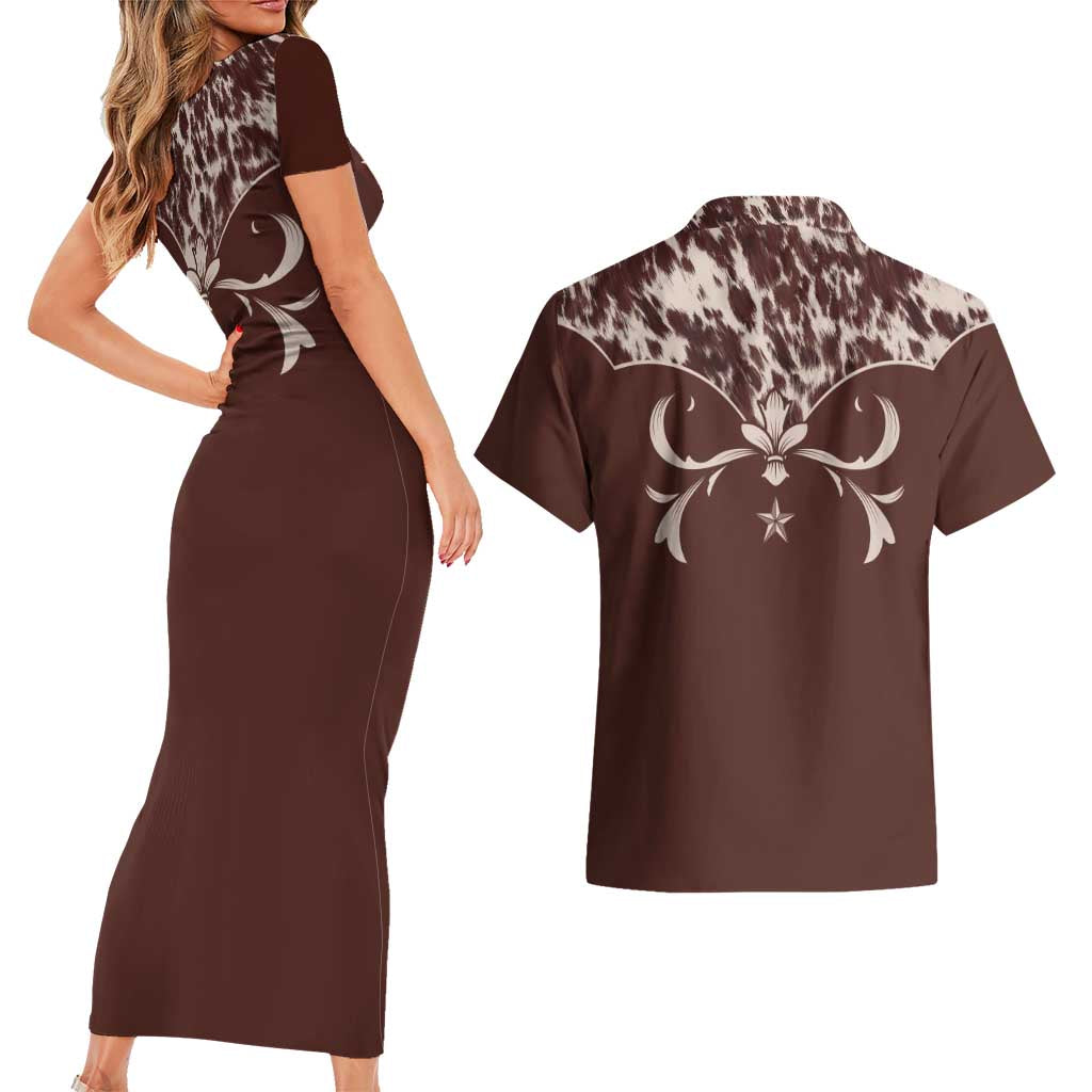 Cowboys Wild West Couples Matching Short Sleeve Bodycon Dress and Hawaiian Shirt Dark Brown Cow Prints - Wonder Print Shop