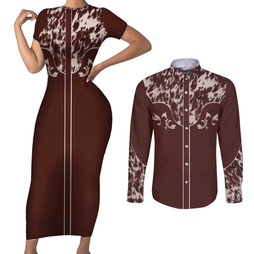 Cowboys Wild West Couples Matching Short Sleeve Bodycon Dress and Long Sleeve Button Shirt Dark Brown Cow Prints - Wonder Print Shop