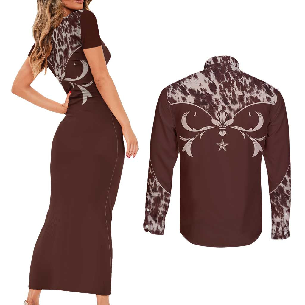 Cowboys Wild West Couples Matching Short Sleeve Bodycon Dress and Long Sleeve Button Shirt Dark Brown Cow Prints - Wonder Print Shop