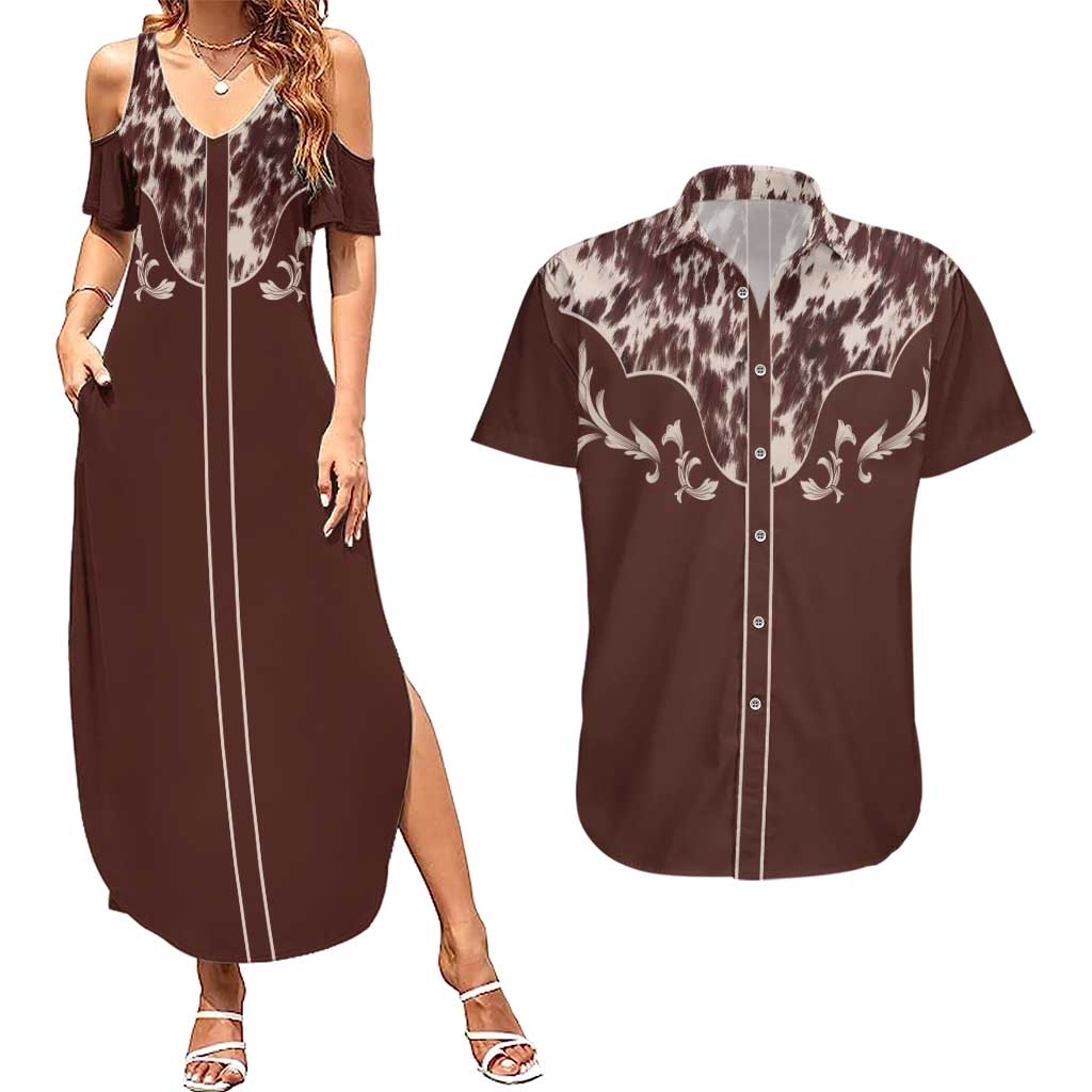 Cowboys Wild West Couples Matching Summer Maxi Dress and Hawaiian Shirt Dark Brown Cow Prints - Wonder Print Shop