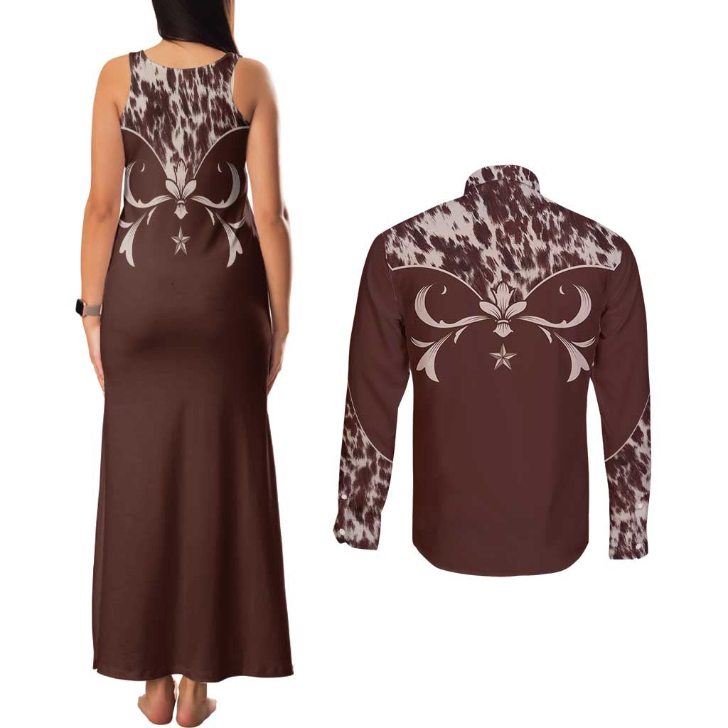 Cowboys Wild West Couples Matching Tank Maxi Dress and Long Sleeve Button Shirt Dark Brown Cow Prints - Wonder Print Shop
