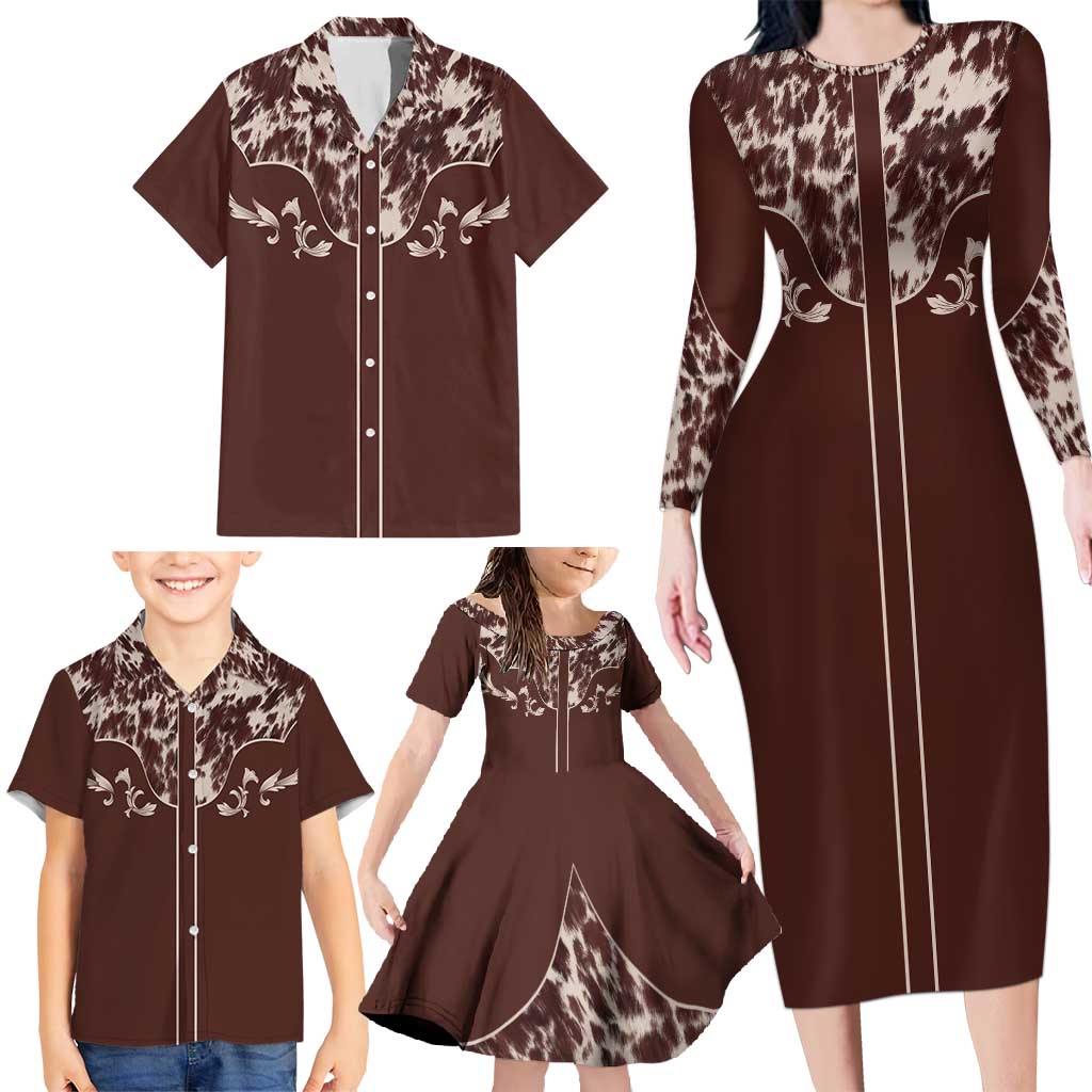 Cowboys Wild West Family Matching Long Sleeve Bodycon Dress and Hawaiian Shirt Dark Brown Cow Prints - Wonder Print Shop