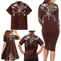 Cowboys Wild West Family Matching Long Sleeve Bodycon Dress and Hawaiian Shirt Dark Brown Cow Prints - Wonder Print Shop