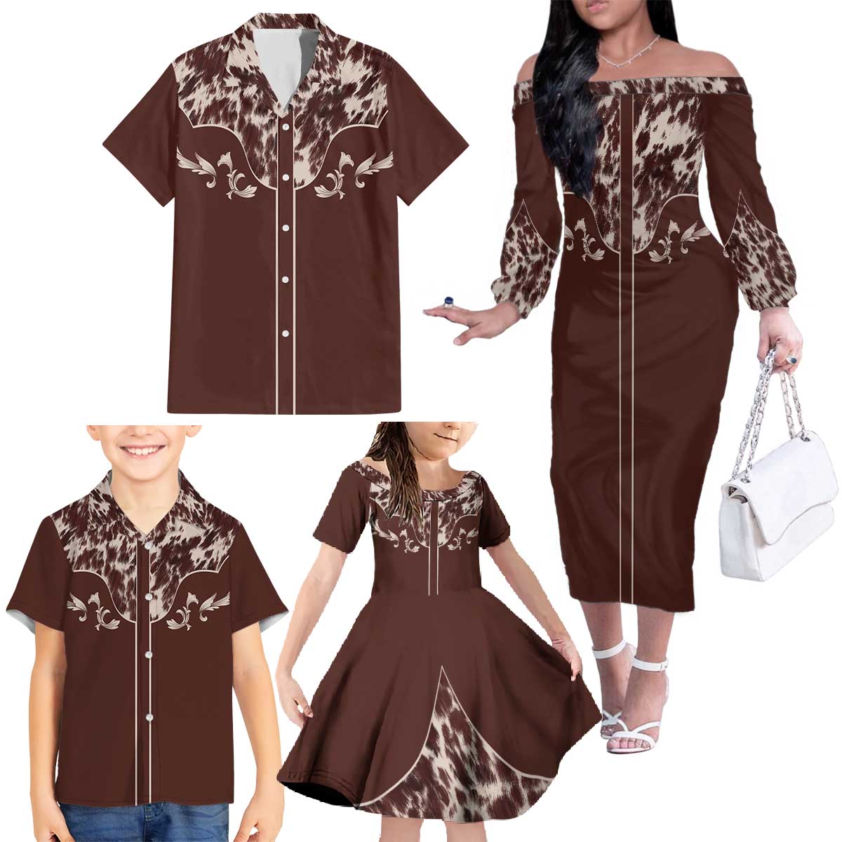 Cowboys Wild West Family Matching Off The Shoulder Long Sleeve Dress and Hawaiian Shirt Dark Brown Cow Prints - Wonder Print Shop