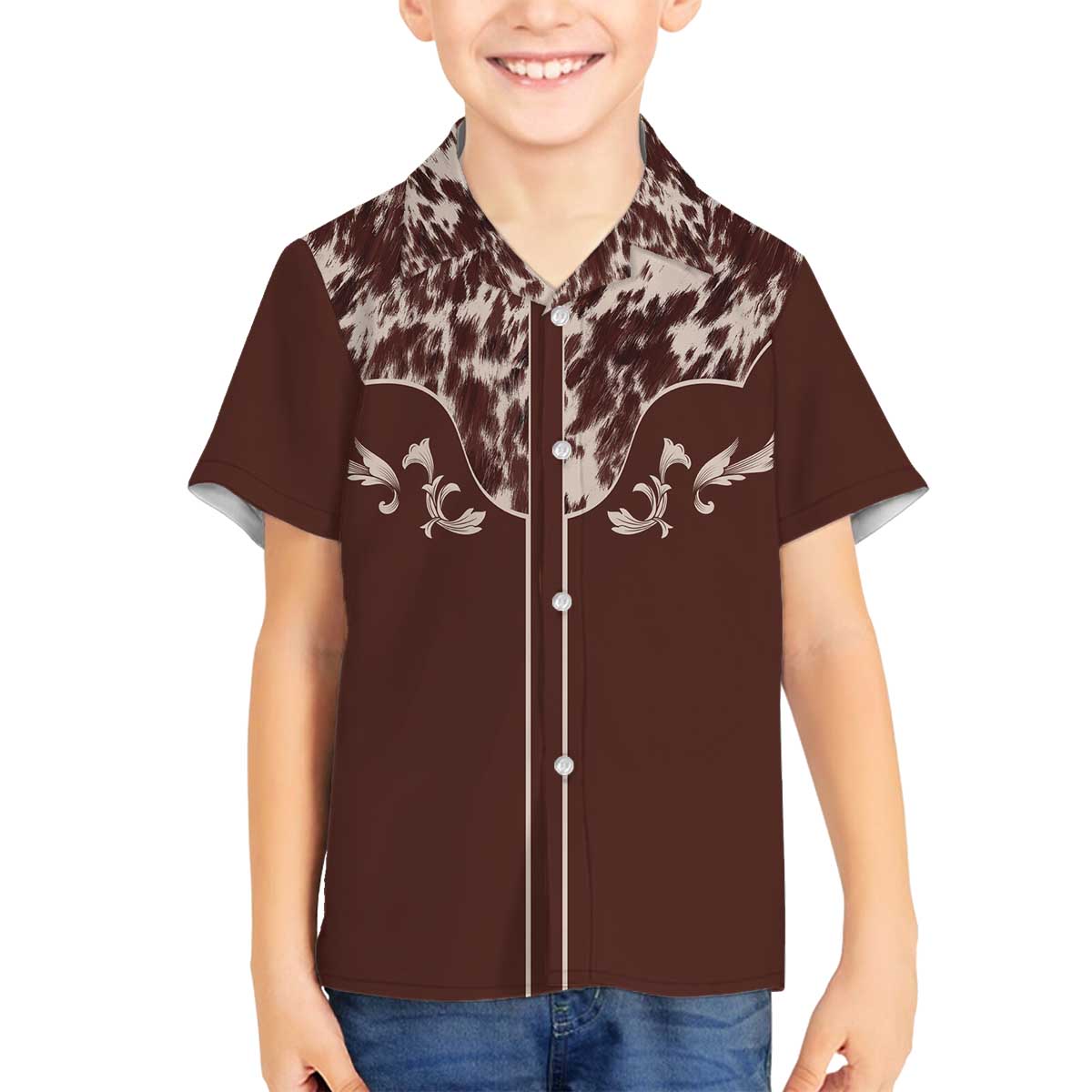 Cowboys Wild West Family Matching Off The Shoulder Long Sleeve Dress and Hawaiian Shirt Dark Brown Cow Prints - Wonder Print Shop