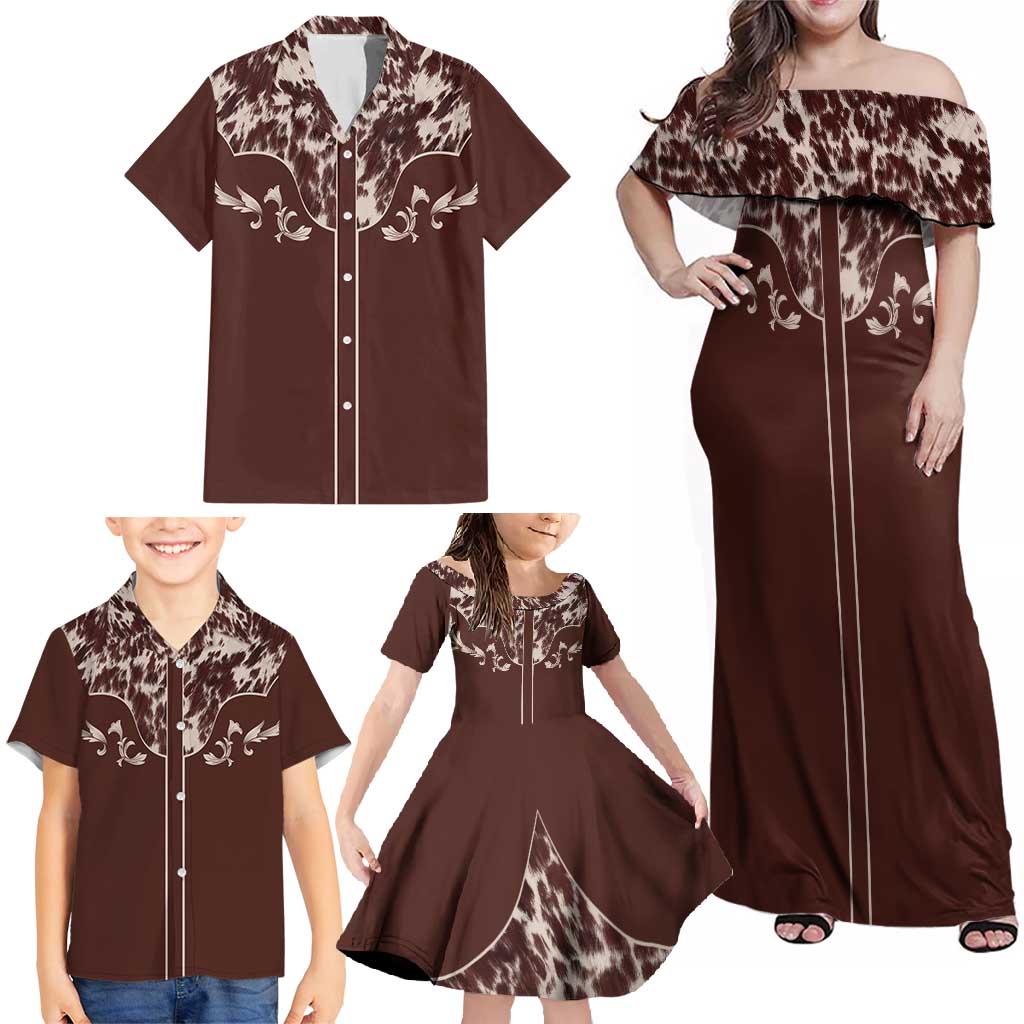 Cowboys Wild West Family Matching Off Shoulder Maxi Dress and Hawaiian Shirt Dark Brown Cow Prints - Wonder Print Shop
