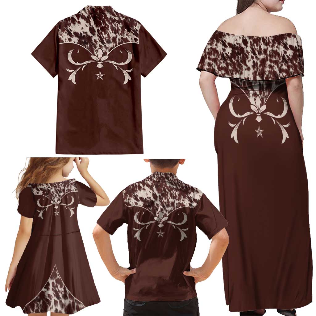 Cowboys Wild West Family Matching Off Shoulder Maxi Dress and Hawaiian Shirt Dark Brown Cow Prints - Wonder Print Shop