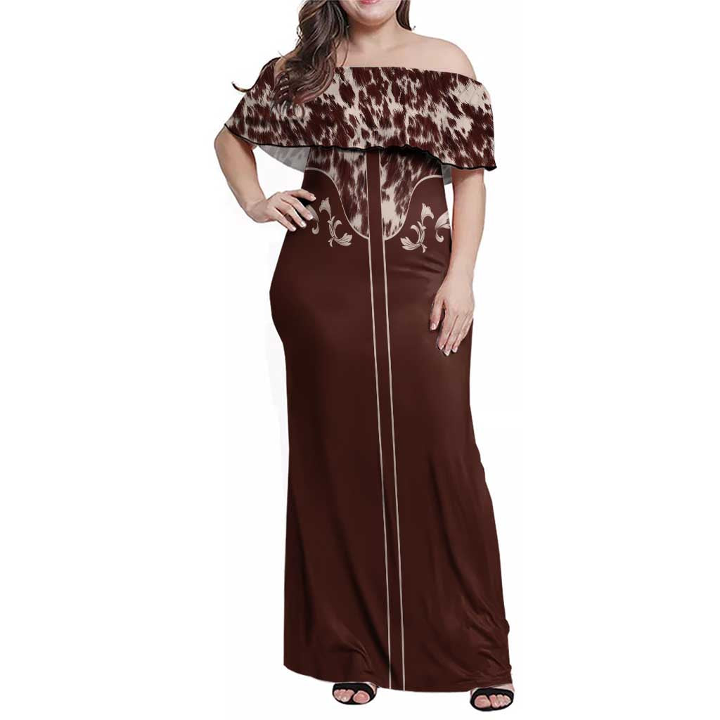 Cowboys Wild West Family Matching Off Shoulder Maxi Dress and Hawaiian Shirt Dark Brown Cow Prints - Wonder Print Shop