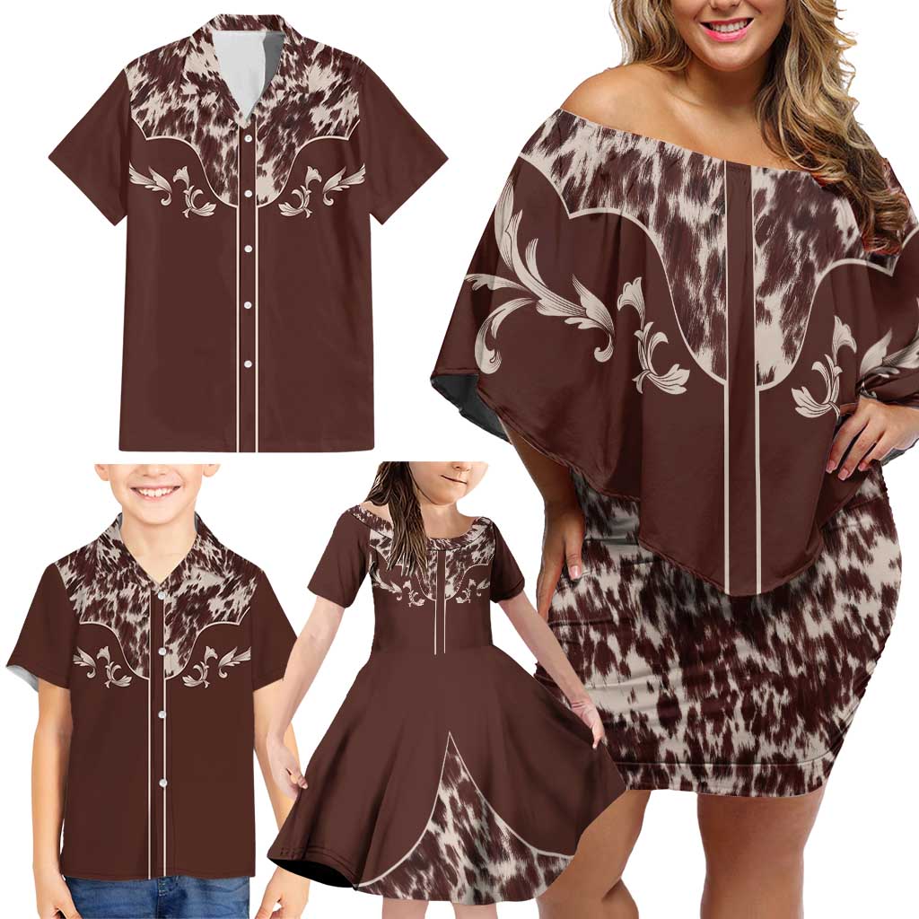 Cowboys Wild West Family Matching Off Shoulder Short Dress and Hawaiian Shirt Dark Brown Cow Prints - Wonder Print Shop