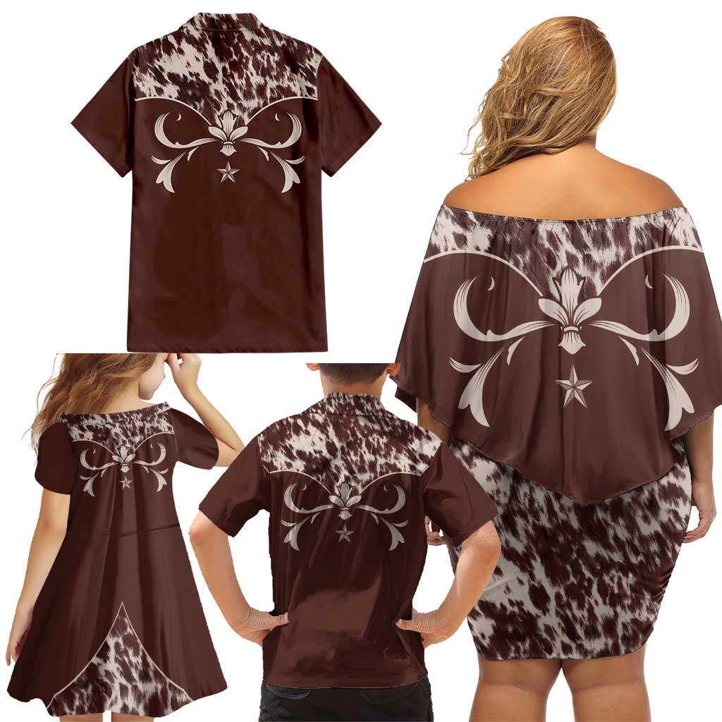 Cowboys Wild West Family Matching Off Shoulder Short Dress and Hawaiian Shirt Dark Brown Cow Prints - Wonder Print Shop