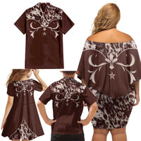 Cowboys Wild West Family Matching Off Shoulder Short Dress and Hawaiian Shirt Dark Brown Cow Prints - Wonder Print Shop