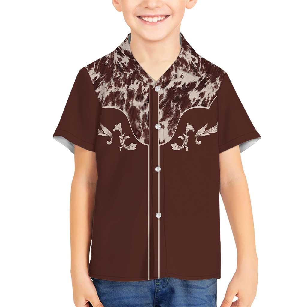 Cowboys Wild West Family Matching Off Shoulder Short Dress and Hawaiian Shirt Dark Brown Cow Prints - Wonder Print Shop