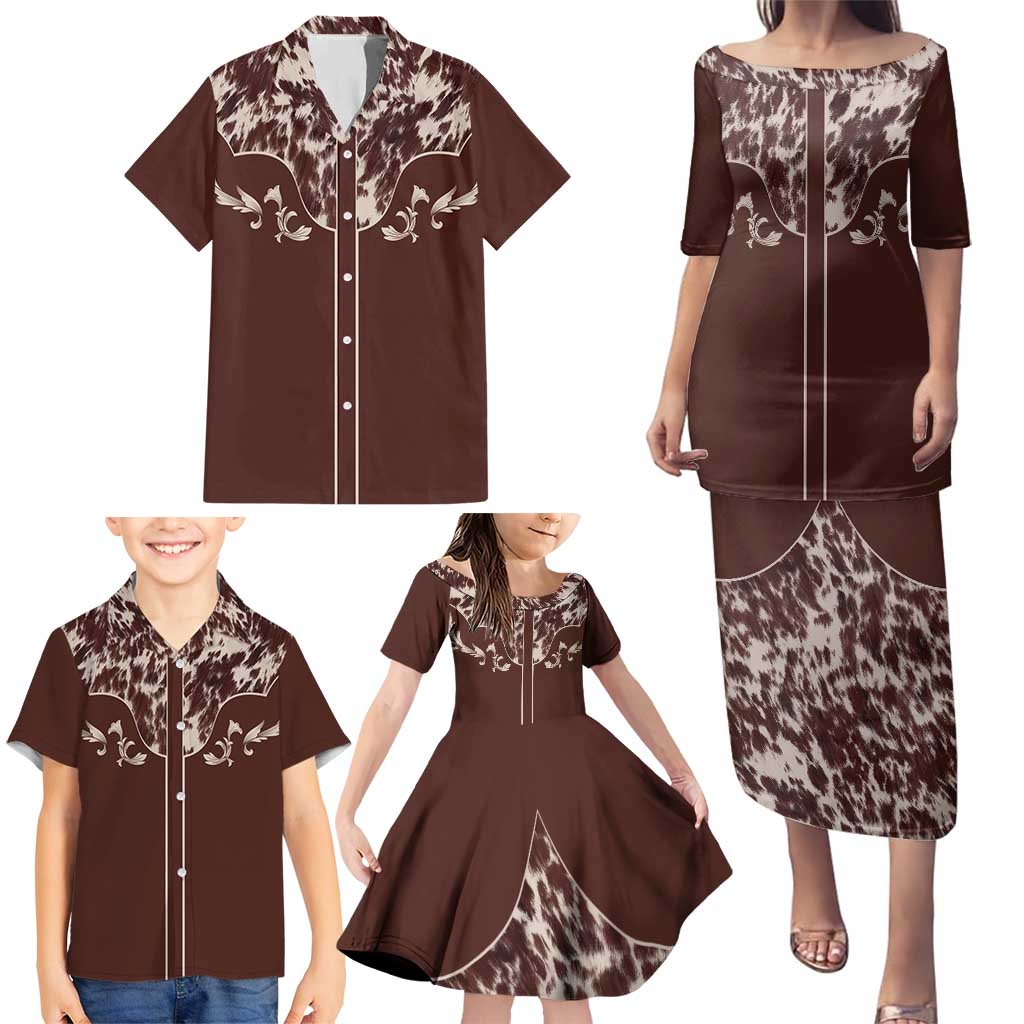 Cowboys Wild West Family Matching Puletasi and Hawaiian Shirt Dark Brown Cow Prints - Wonder Print Shop