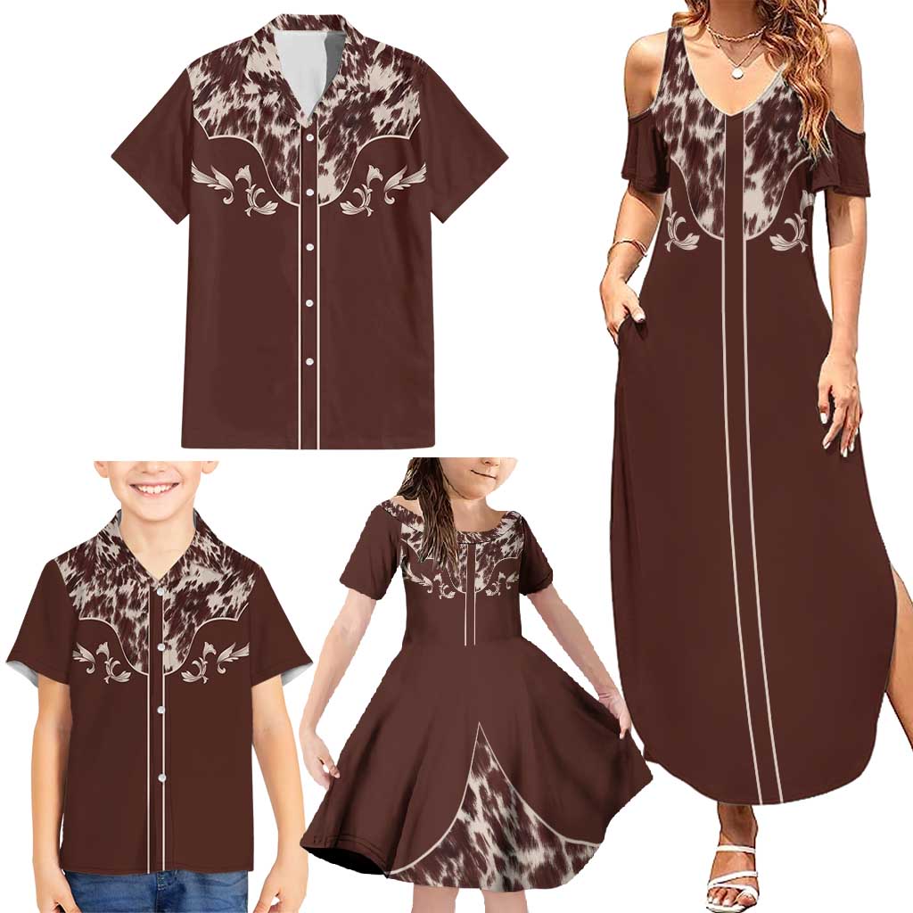 Cowboys Wild West Family Matching Summer Maxi Dress and Hawaiian Shirt Dark Brown Cow Prints - Wonder Print Shop