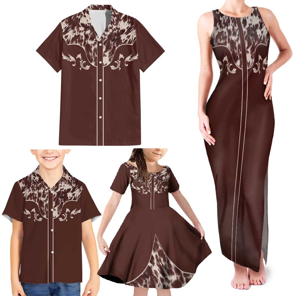 Cowboys Wild West Family Matching Tank Maxi Dress and Hawaiian Shirt Dark Brown Cow Prints - Wonder Print Shop