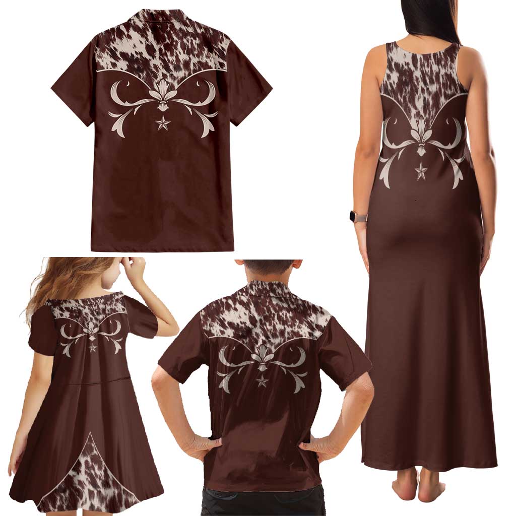 Cowboys Wild West Family Matching Tank Maxi Dress and Hawaiian Shirt Dark Brown Cow Prints - Wonder Print Shop