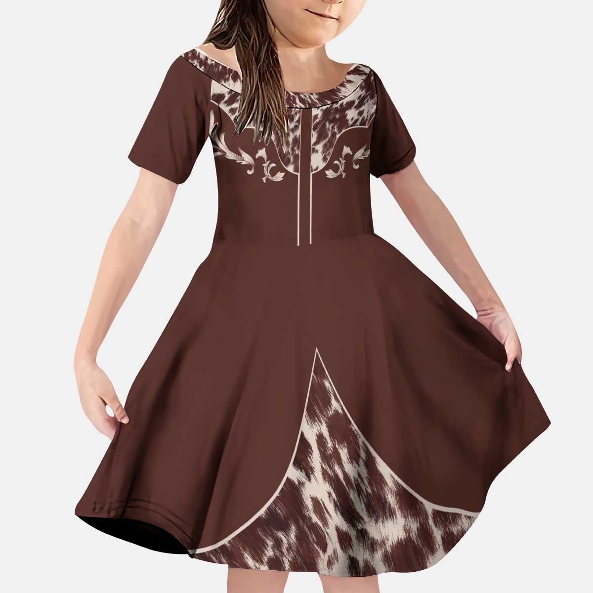 Cowboys Wild West Kid Short Sleeve Dress Dark Brown Cow Prints - Wonder Print Shop